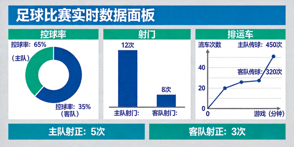 足球比赛实时数据面板展示控球率、射门、传球等关键指标图表