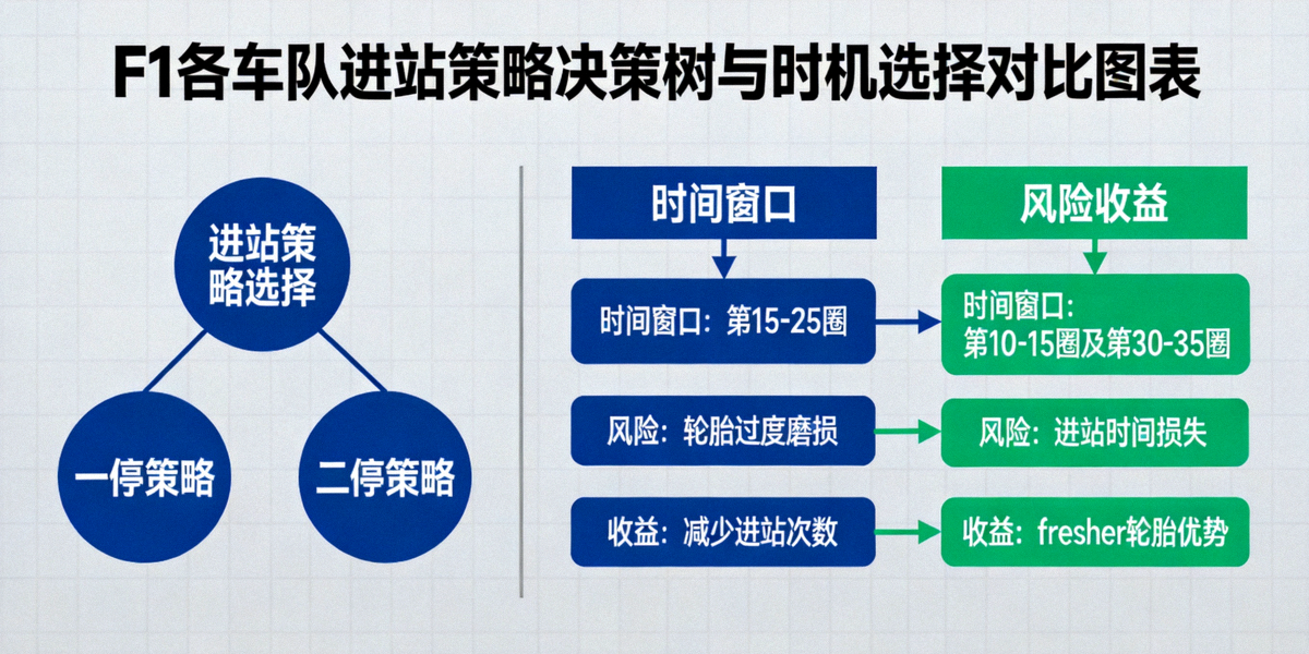 F1各车队进站策略决策树与时机选择对比图表，展示一停、二停策略的时间窗口与风险收益